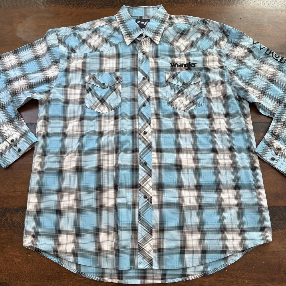 Wrangler Shirt Mens XL Blue Plaid Snap Front Western Embroidered Long Sleeve - Picture 2 of 10
